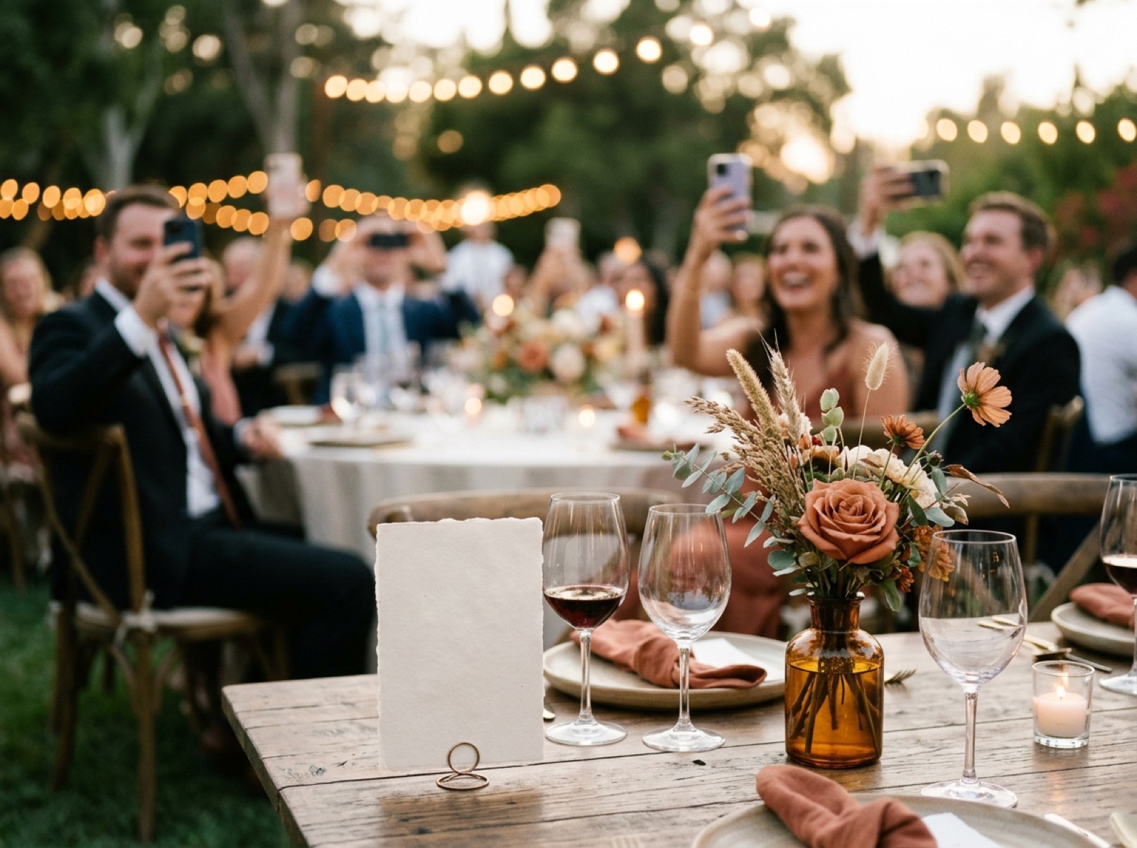 Kaartje op een feesttafel tussen wijnglazen