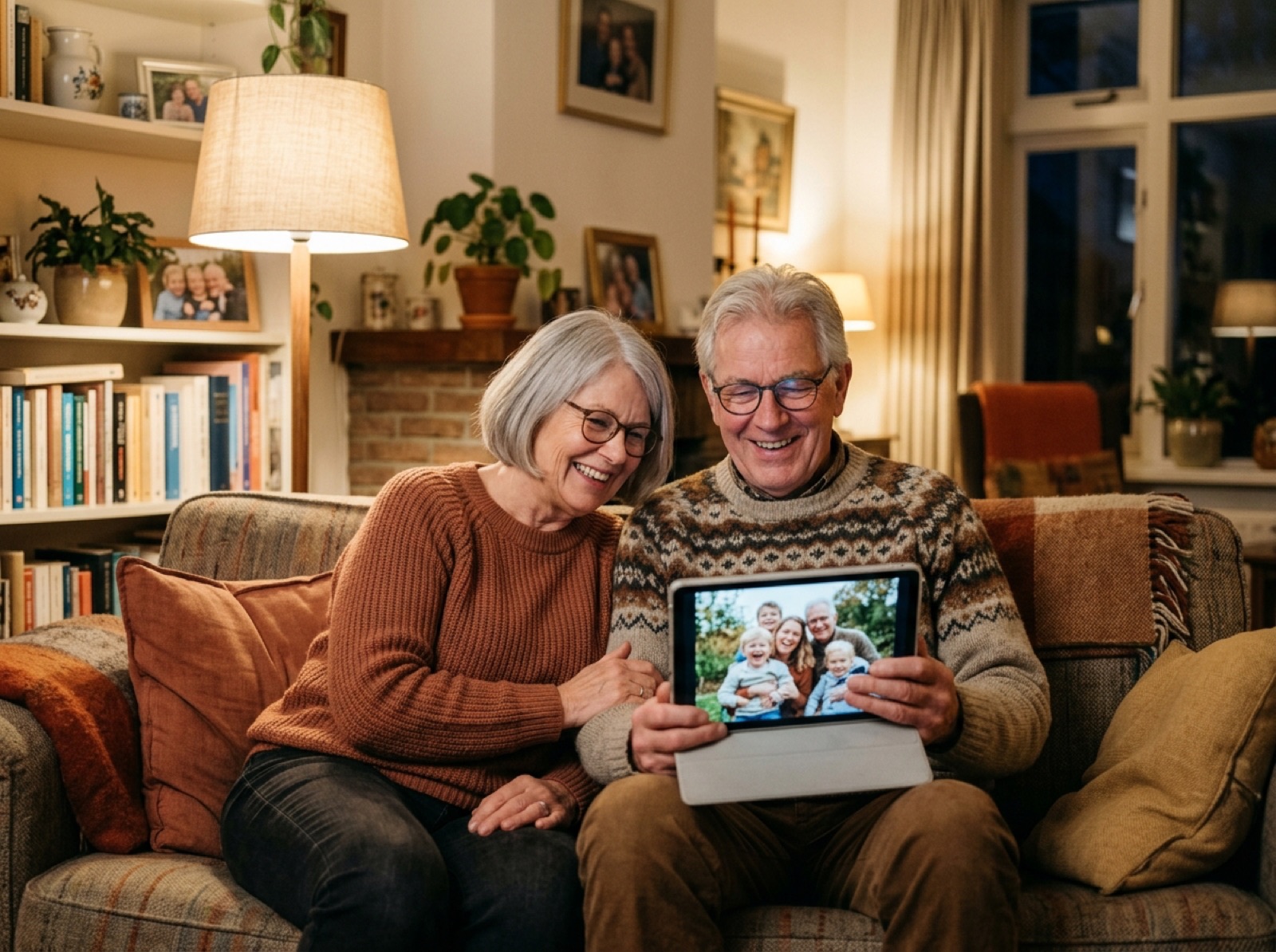 Grootouders bekijken samen foto's op een tablet