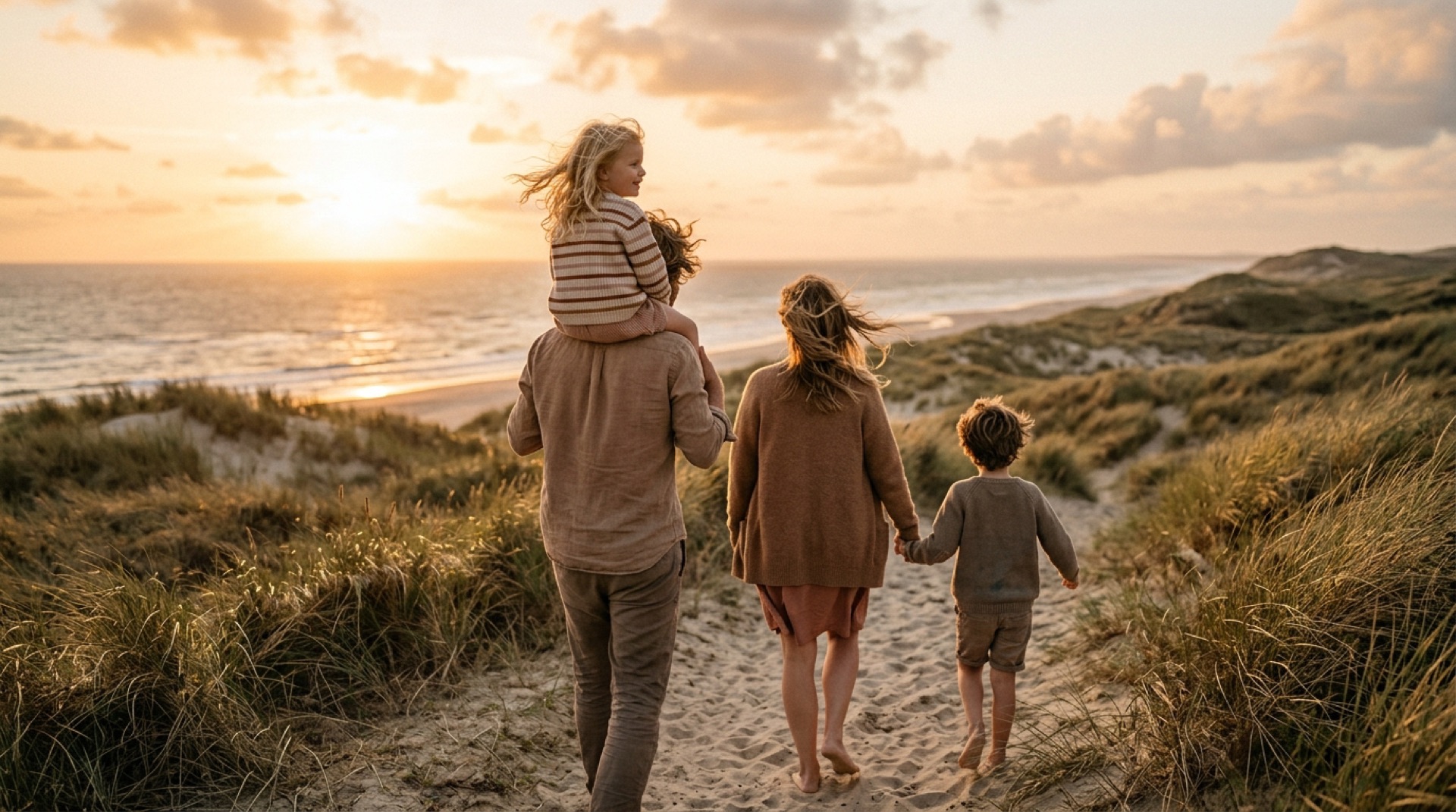 Gezin wandelt door de duinen bij zonsondergang
