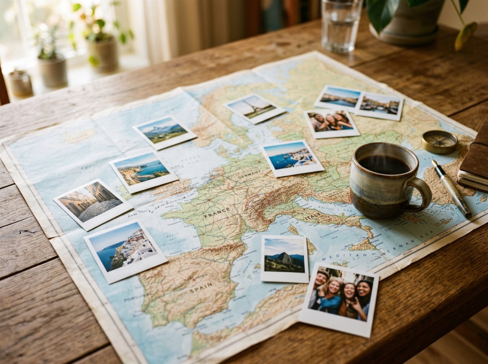 Kaart van Europa met foto's op een houten tafel